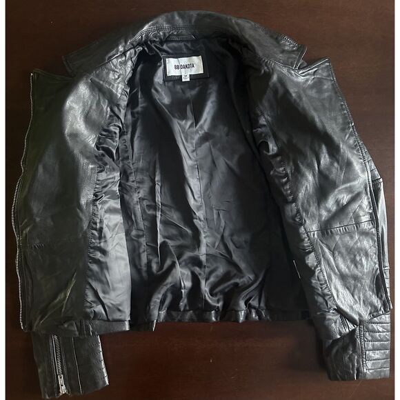BB Dakota Moto Real Leather Jacket Black Asymmetrical Silver Zipper Modern Edgy - Picture 8 of 15